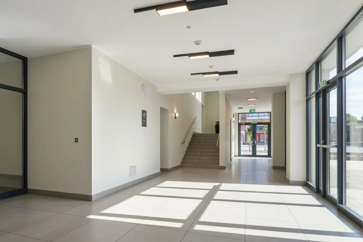 Spotless communal corridor and lobby in a residential block of flats